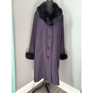 Jacques Vert Purple Plum Long Overcoat Button Up Faux Fur Trim Women’s